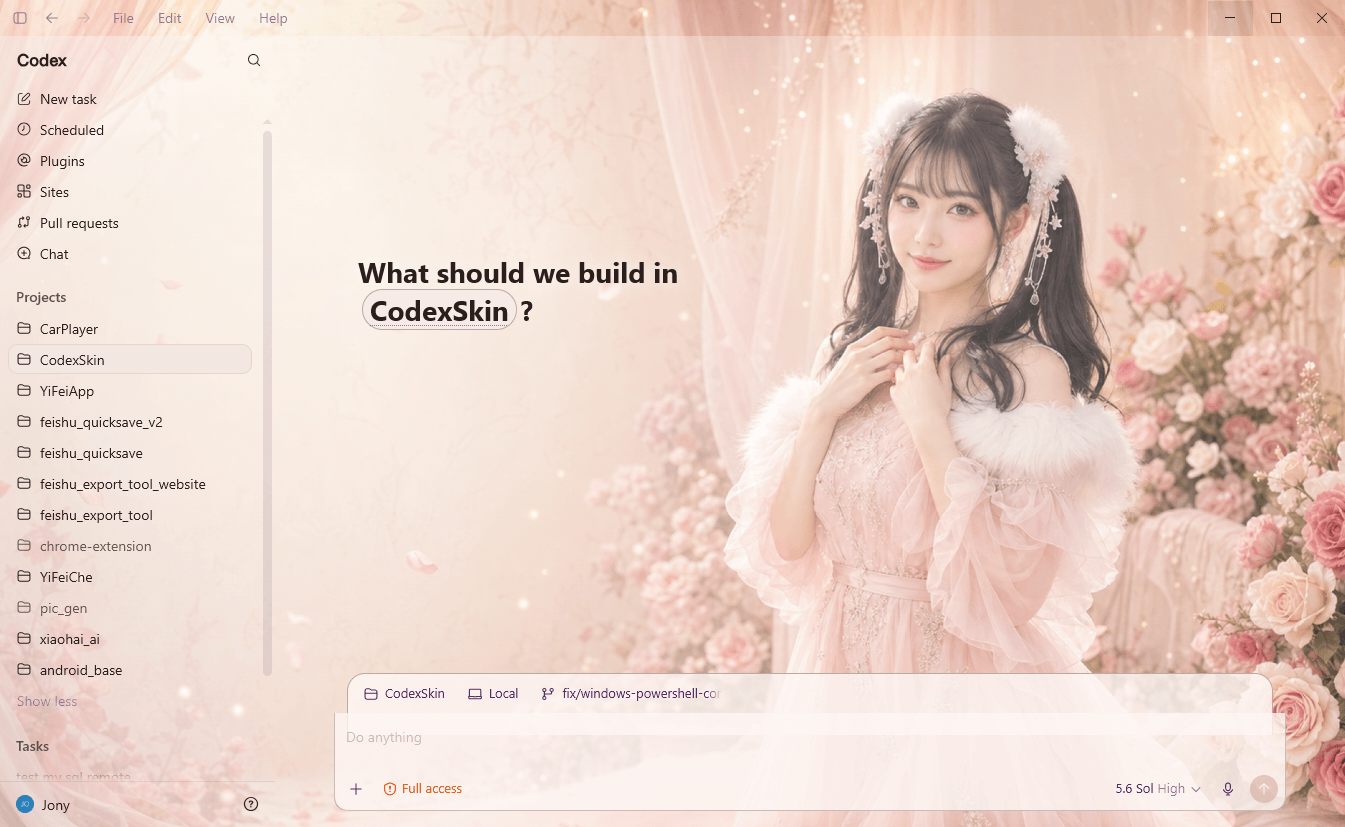 Blush pink Codex workspace skin with a floral portrait background and translucent interface panels