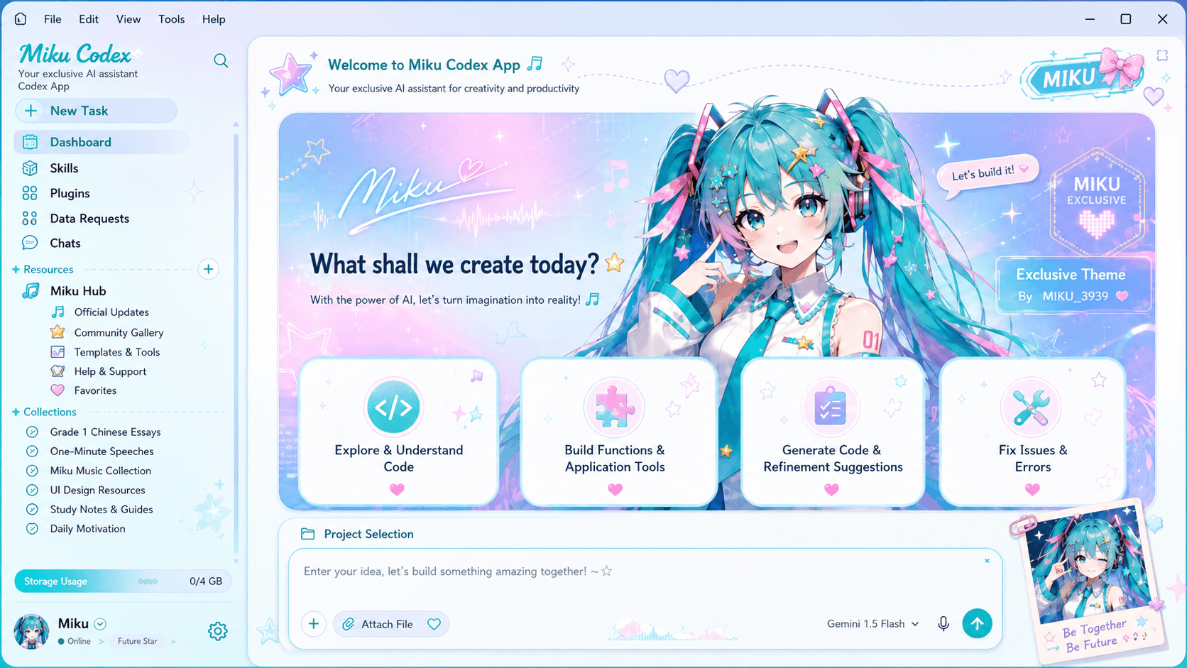 Bright cyan and pink Codex workspace skin with an anime-inspired character and dashboard cards
