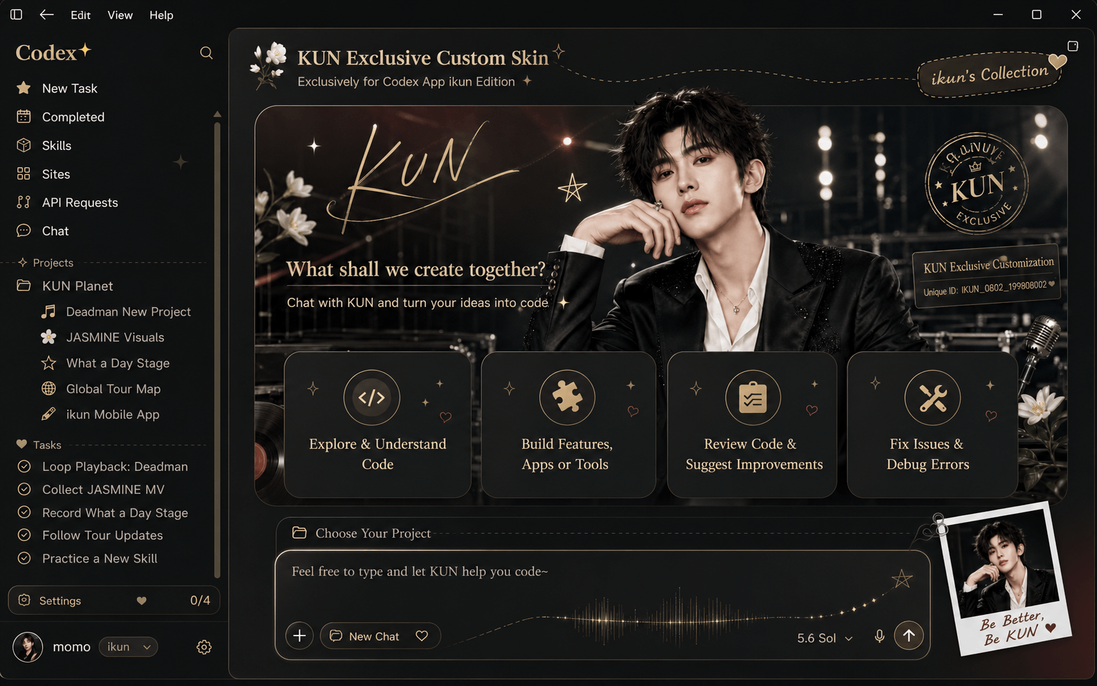 Black and gold Codex workspace skin with elegant panels, floral accents, and a stage portrait