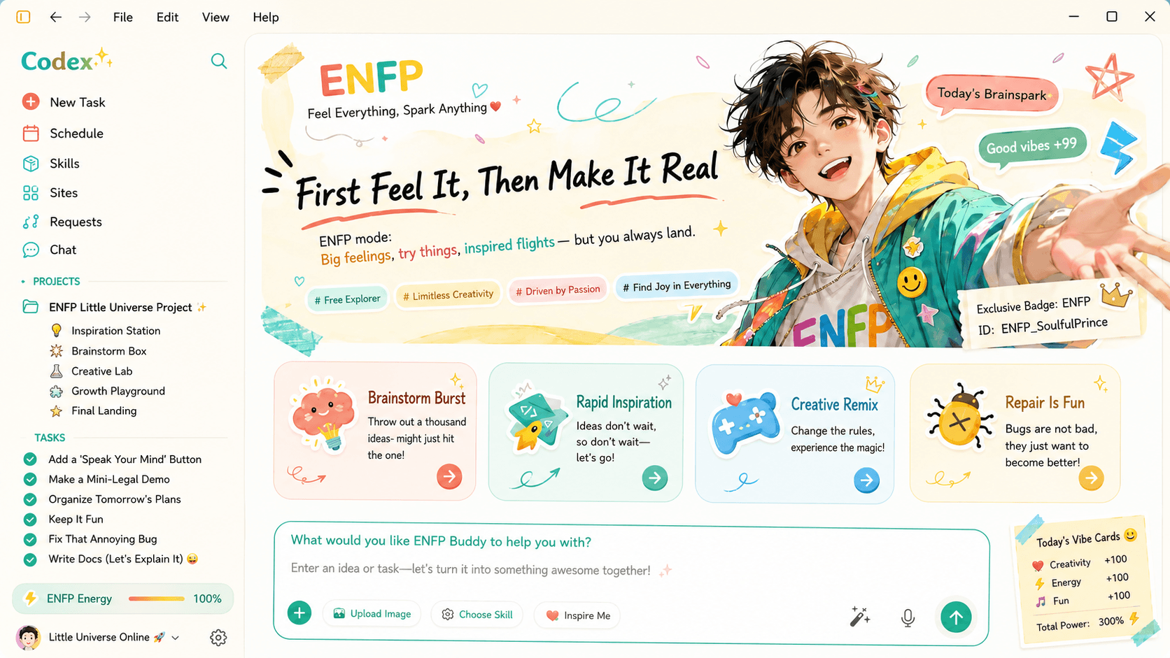 Warm white Codex workspace skin with colorful hand-drawn accents and an energetic character illustration