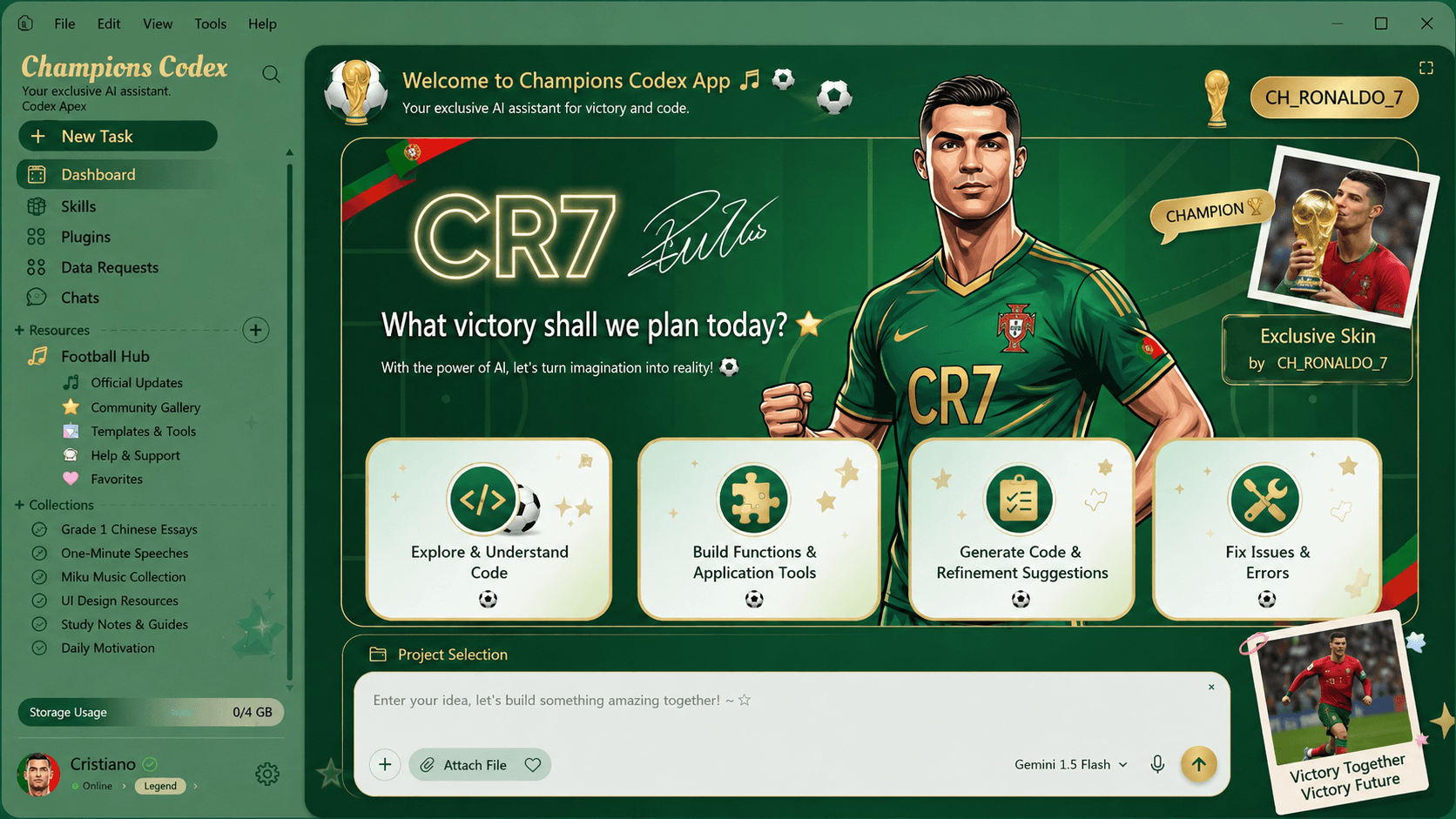 Emerald green and gold football-themed Codex skin with an illustrated champion and trophy details