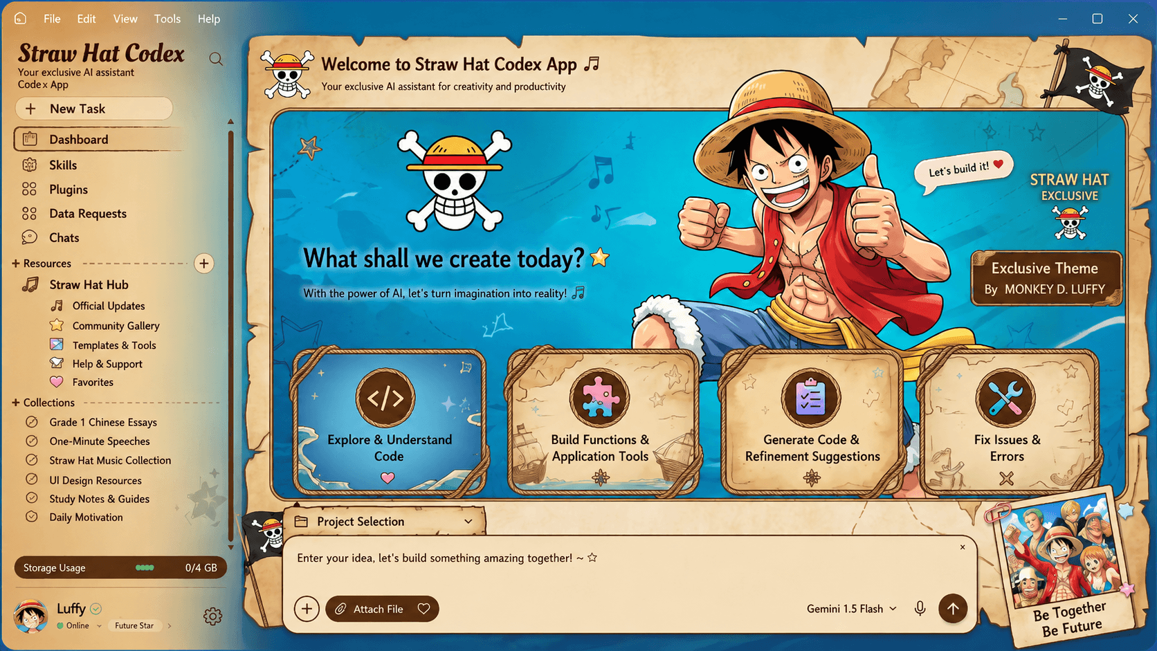 Parchment and ocean blue Codex workspace skin with pirate anime artwork and rope-framed dashboard cards