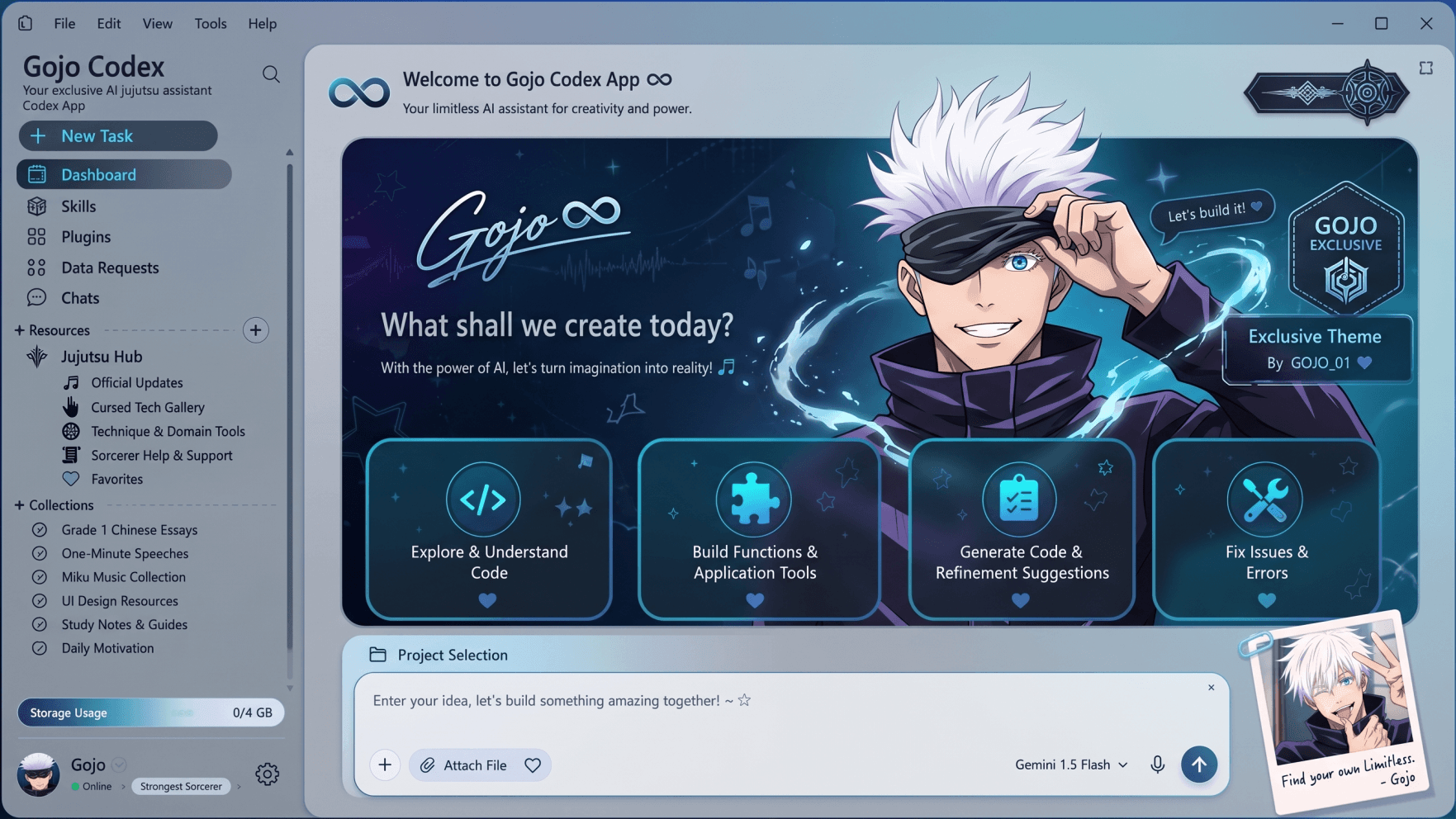 Indigo and electric cyan Codex workspace skin with a white-haired anime sorcerer and glowing dashboard panels