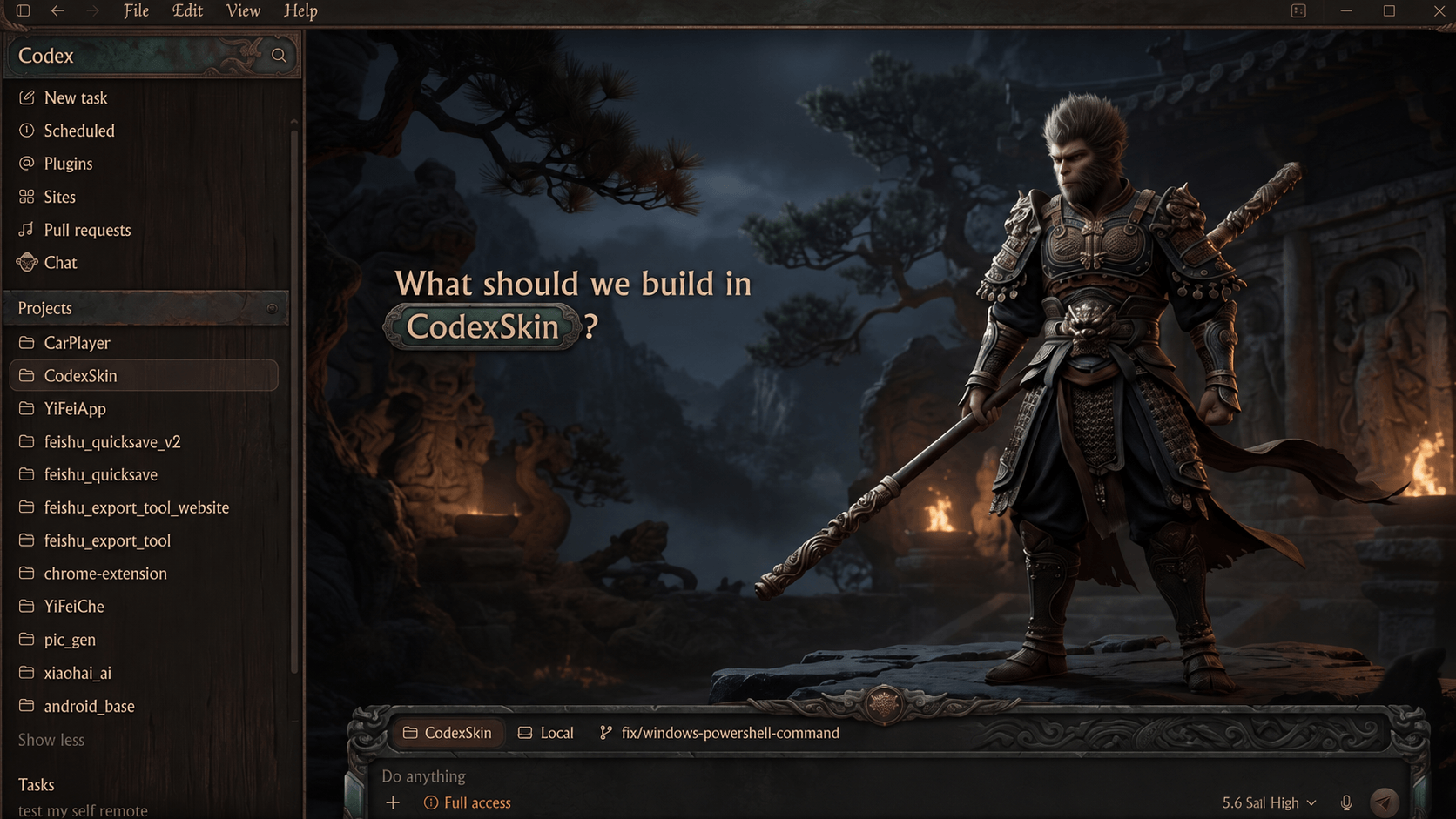 Dark bronze Codex workspace skin with a mythic armored monkey warrior, mountain temple, and firelight